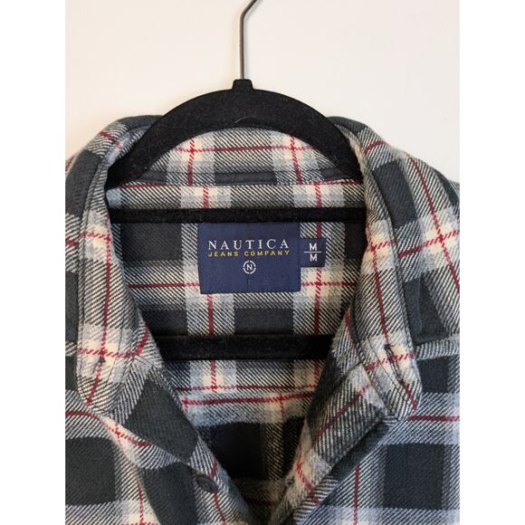 Nautica Mens Flannel Shirt Medium Black Gray Check Heavyweight Cotton Gorpcore - Picture 7 of 11